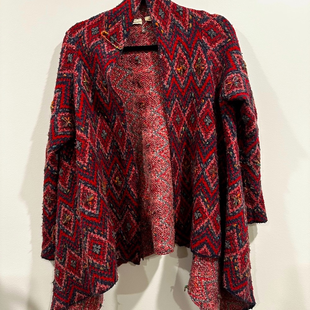 Anthropologie Red and Blue Geometric Cardigan